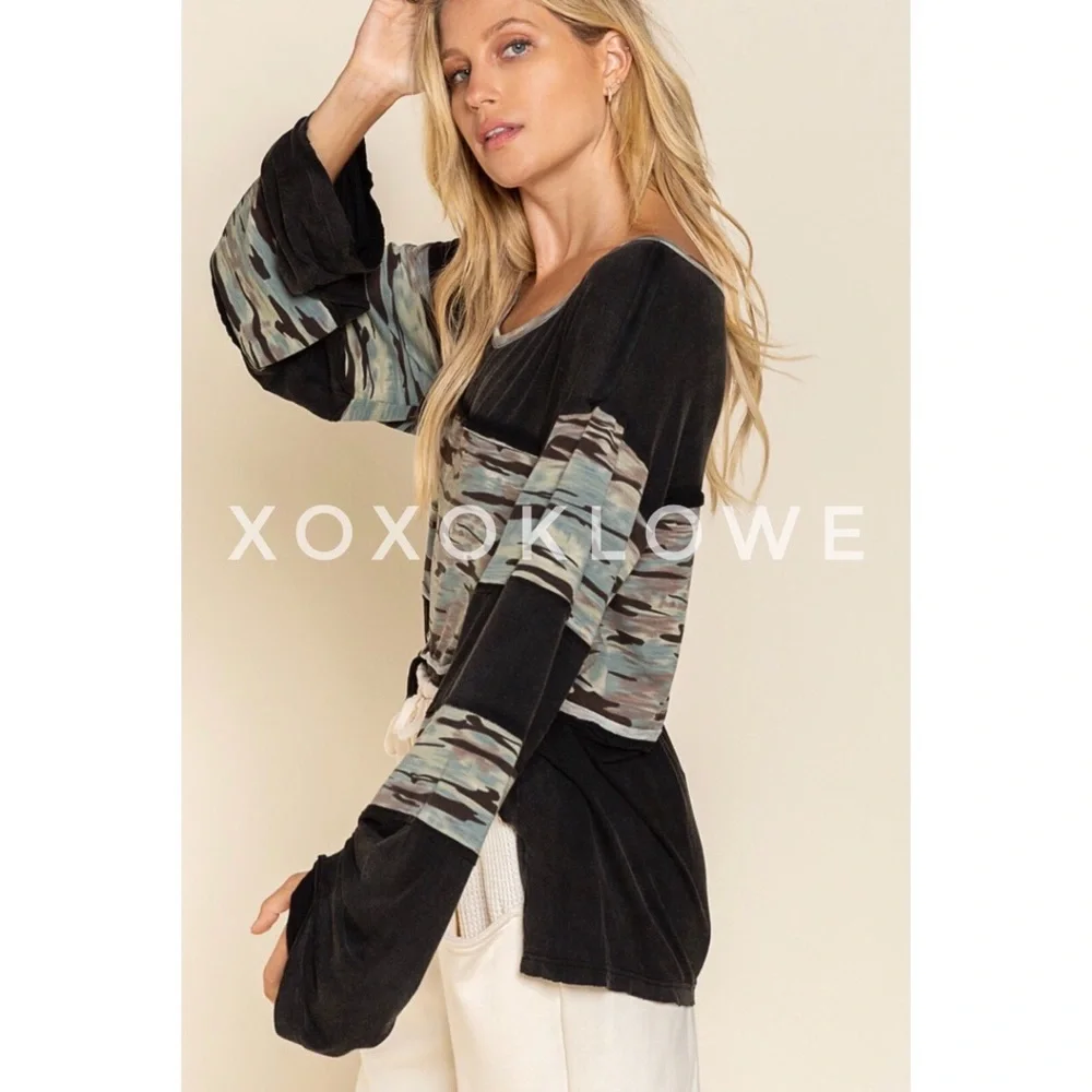 POL Long Sleeve Premium Tee Camo Print Color Block Relaxed Fit Layering - Picture 4 of 8